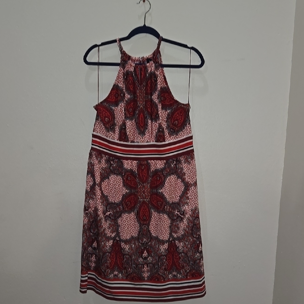 Elegant Red Patterned Halter Dress